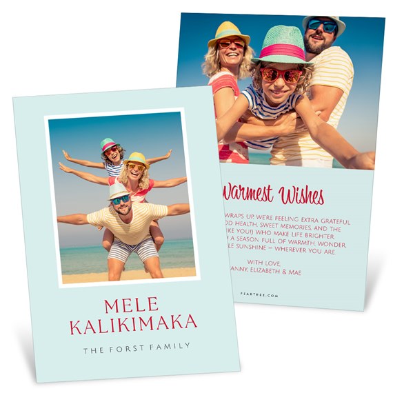 Hawaiian holiday photo greeting card with family on beach, pale blue background and red script