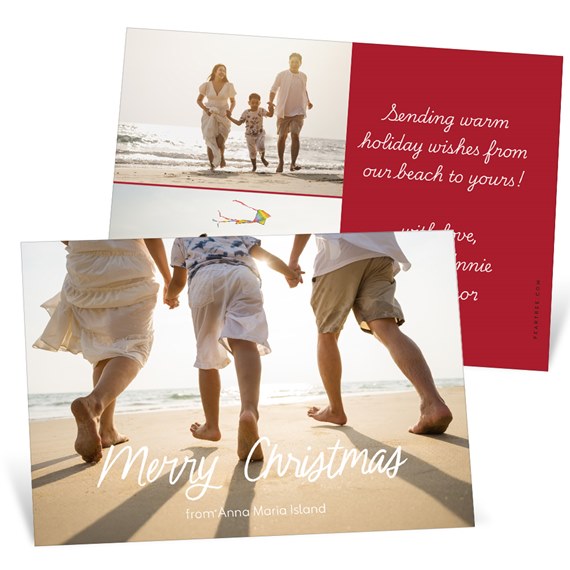 beach-themed Christmas card with photo area and red back