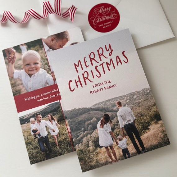 Folded Christmas photo card with family photo, red 