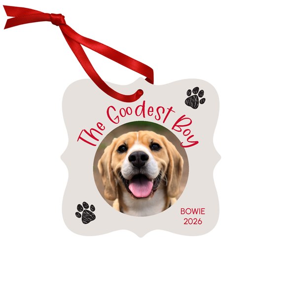 photo placeholder, scalloped ornament, red text