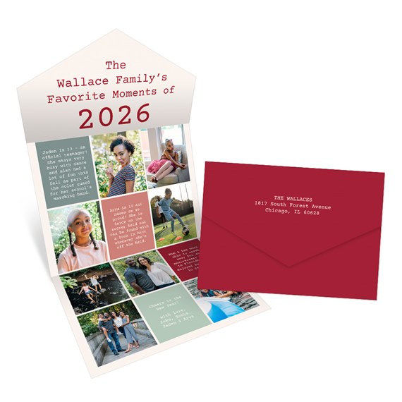 seal-and-send Christmas card with photo placeholders and red envelope
