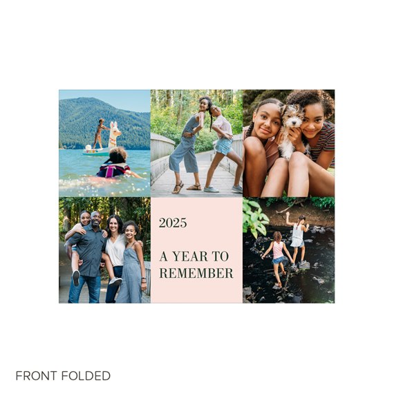 folded greeting card with six-photo collage and pale pink text panel