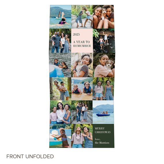 Vertical photo collage Christmas greeting card with family and kids photos, pink title block and dark green message panel.