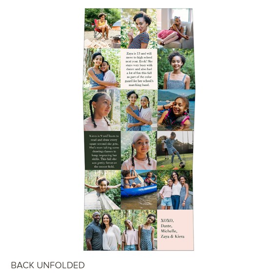 Unfolded vertical photo collage greeting card with family and child portraits in outdoor scenes and a pale pink message panel