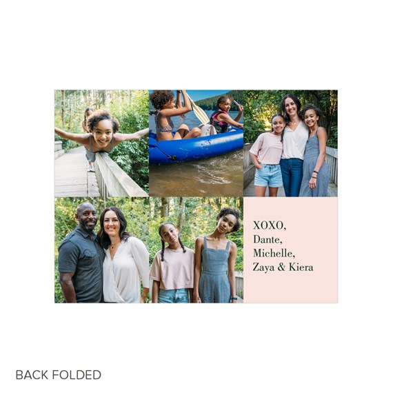 Folded holiday photo collage card with outdoor family portraits, canoe scene, and a pale pink message panel