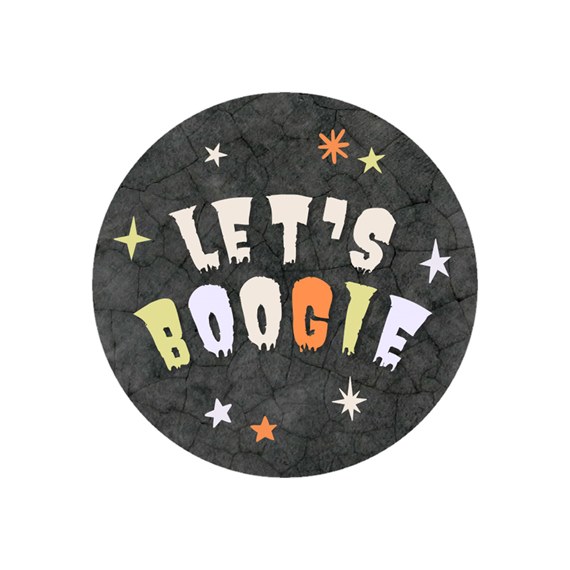 circular envelope seal with colorful text and stars