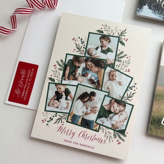 botanical collage Christmas card with photo placeholders