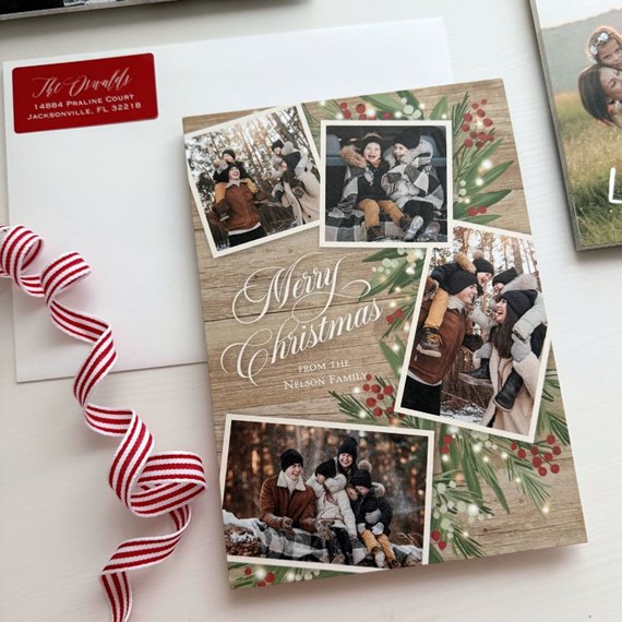 rustic christmas card with photo placeholders and decorative elements