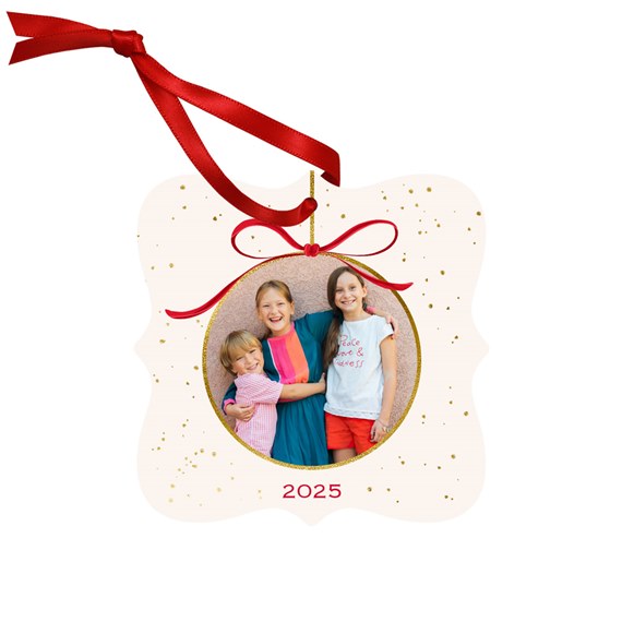 ornament with photo placeholder, red ribbon, gold border, customizable text area