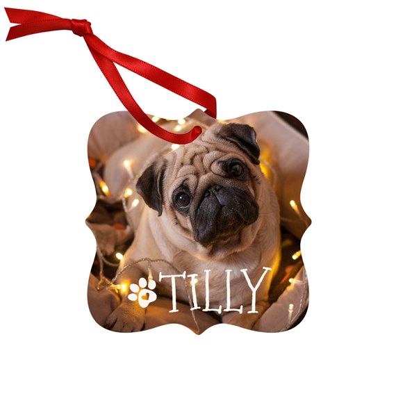 metal ornament with photo area and red ribbon