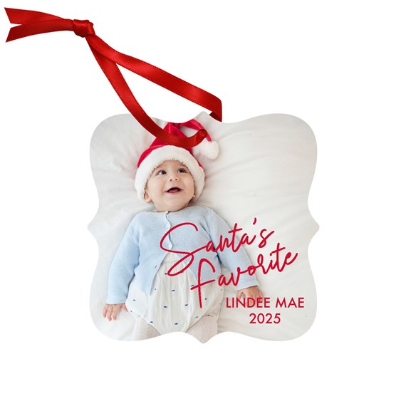 ornament with photo area and red ribbon, text placeholder