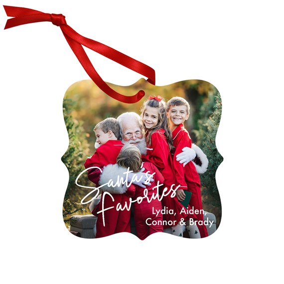 metal ornament with photo placeholder and red ribbon