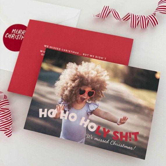 holiday card with humorous text and photo area