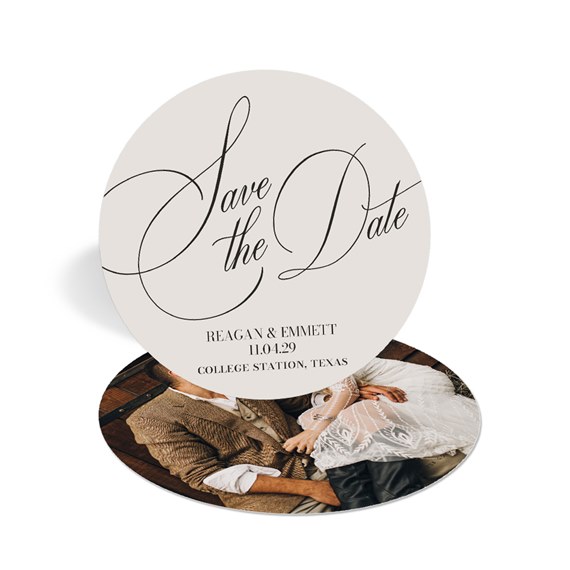 circular save the date card with calligraphy and photo area
