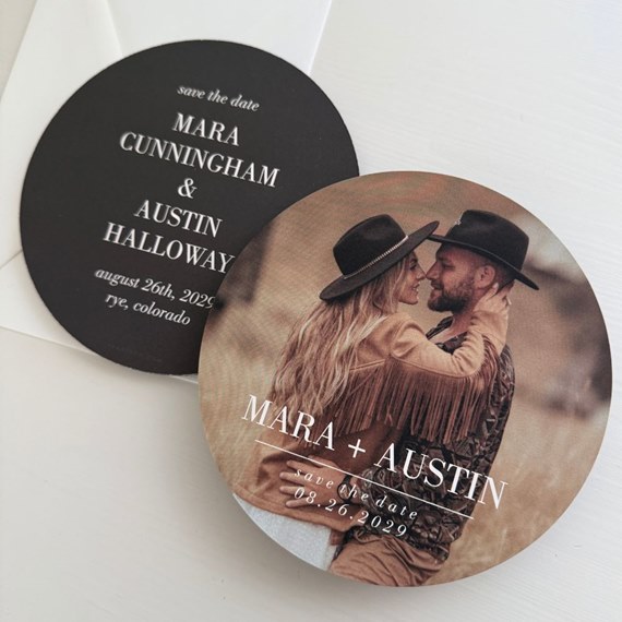 save-the-date card with couple photo and text