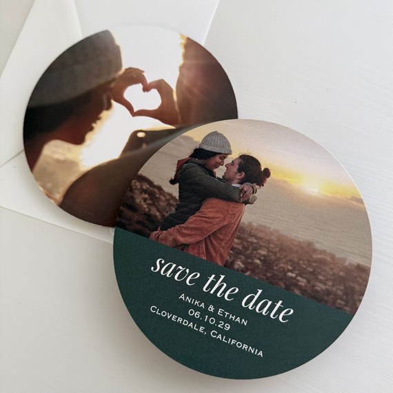 save the date card with two photo areas and printed text