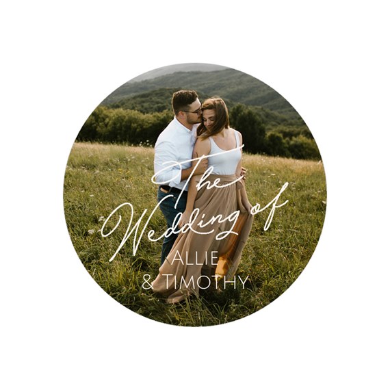 round envelope seal with couple photo and wedding text