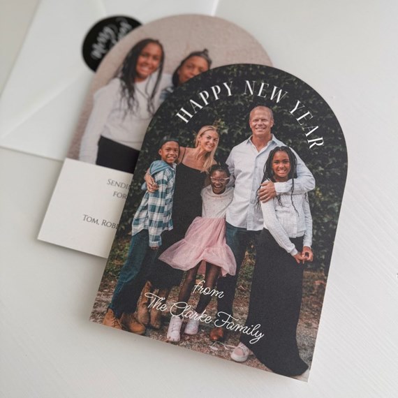 New Year card with photo area and decorative text