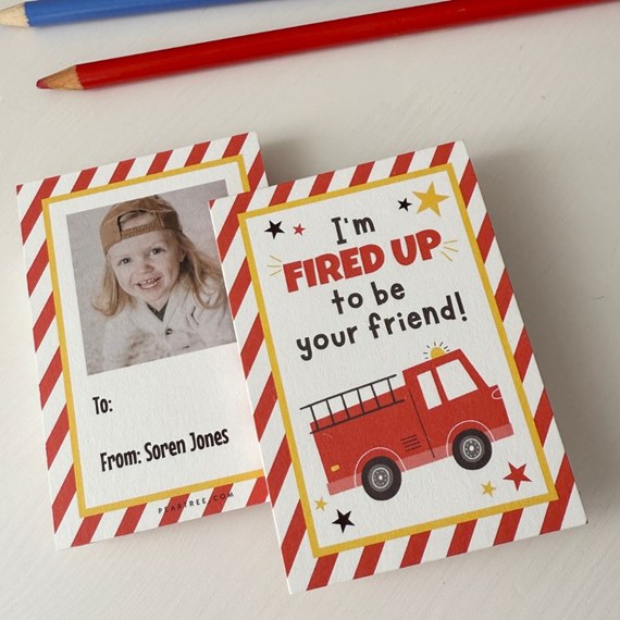classroom valentines with photo placeholder and fire truck design