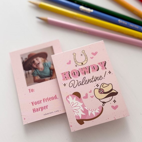 valentine card with photo placeholder, cowboy boot and hat design