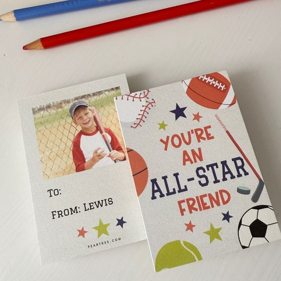 valentine card with photo placeholder and sports motifs