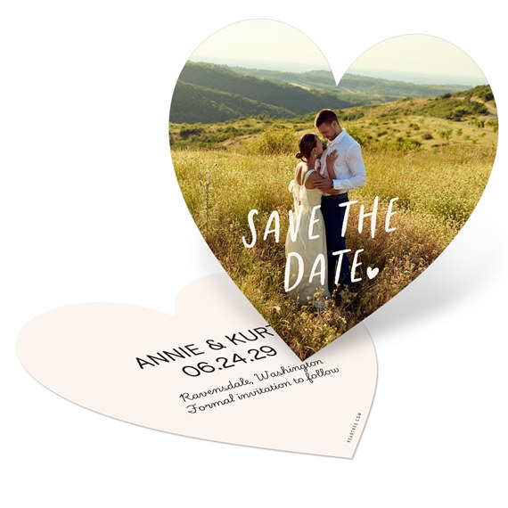 heart-shaped save the date card with photo area and text