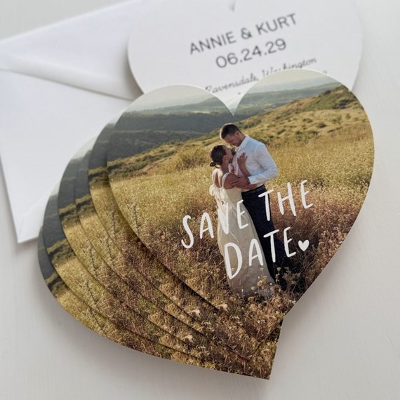 heart-shaped save the date cards with photo area