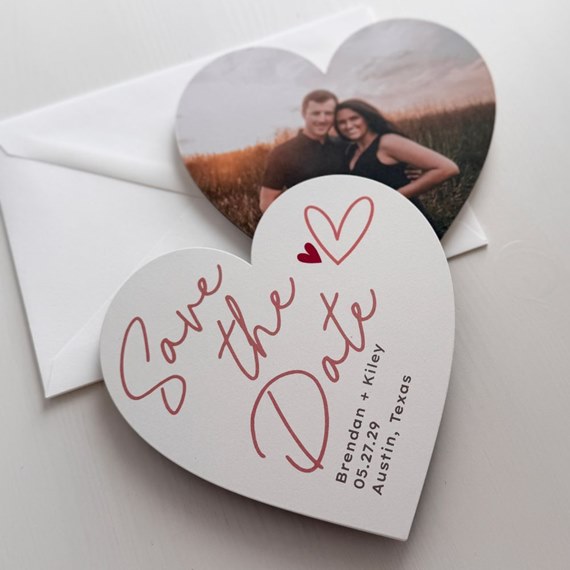 heart-shaped save the date card with photo placeholder