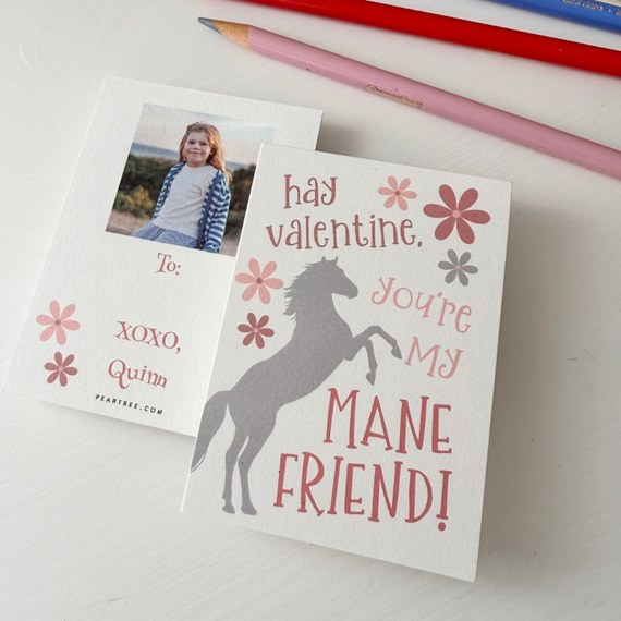 valentine card with horse silhouette and flowers, photo placeholder