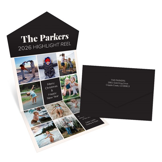 New Year card with photo placeholders and black envelope