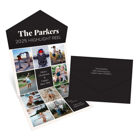 seal and send new year card with photo placeholders and black envelope