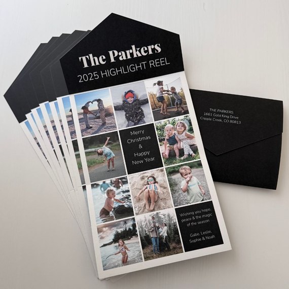 seal and send New Year card with photo collage and black envelope