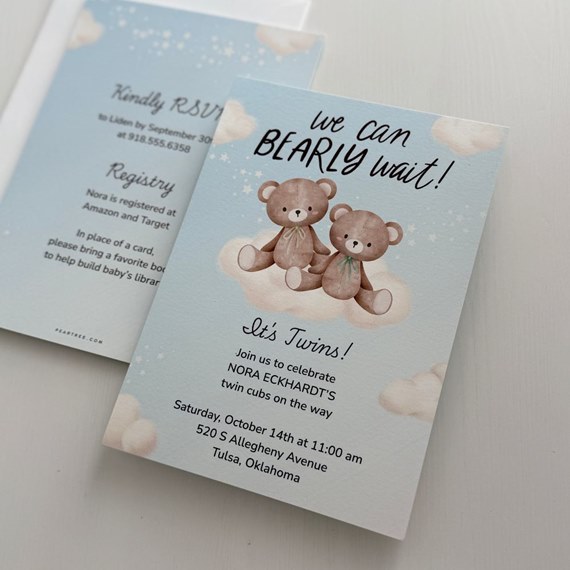 baby shower invitation with teddy bears and cloud design