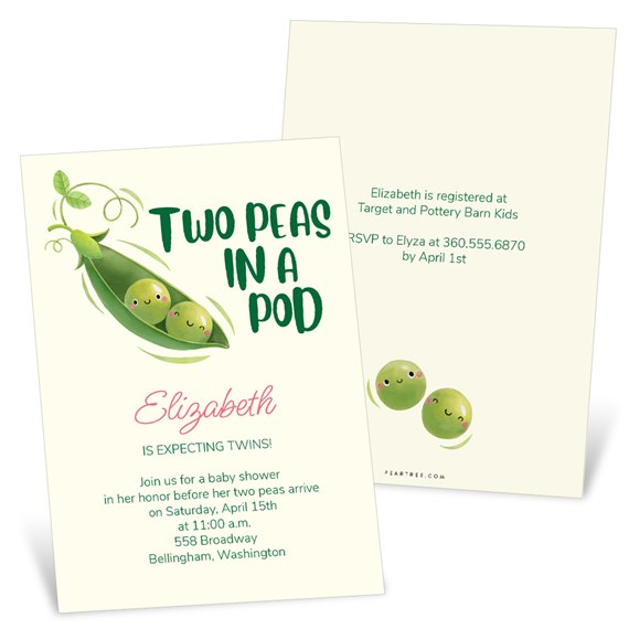 baby shower invitation with peas in a pod design, customizable text area