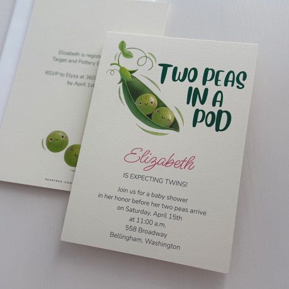 baby shower invitation with peas in a pod design and customizable text area