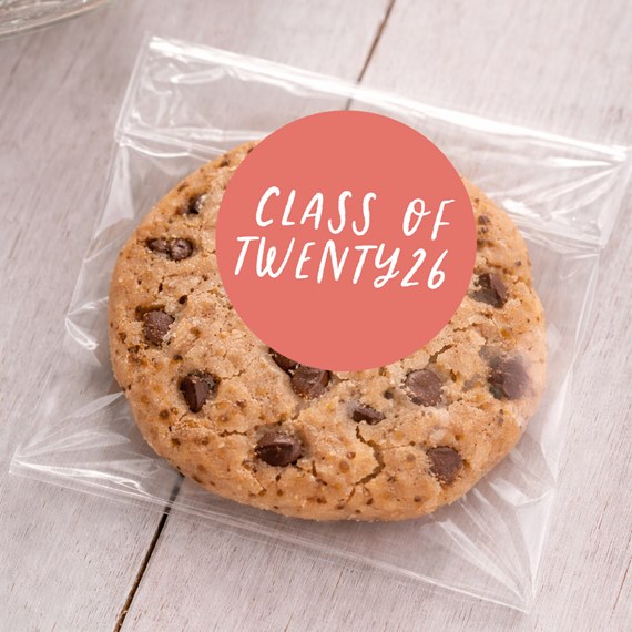 cookie in clear bag with circular coral label