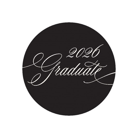 black circular sticker with white text '2026 Graduate'