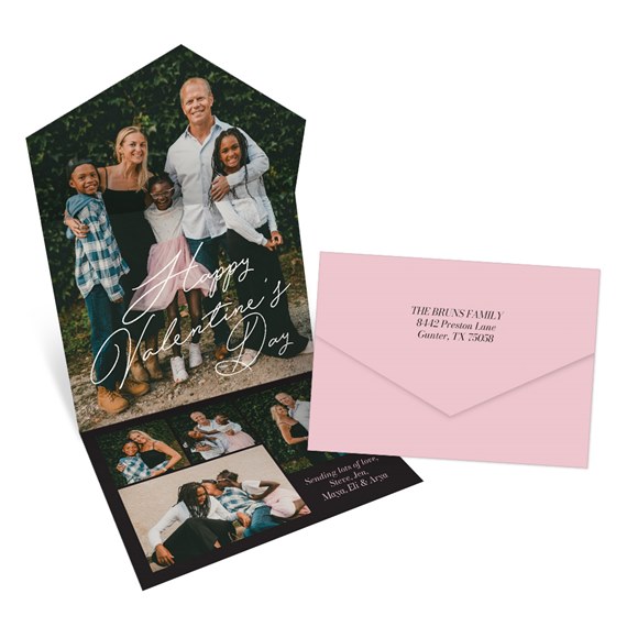 Valentine's Day card with photo placeholders and pink envelope