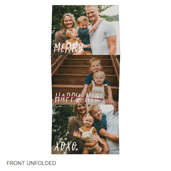 three photo placeholders with text 'MERRY', 'HAPPY NEW', and 'XOXO'