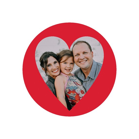 heart-shaped photo placeholder, round red seal