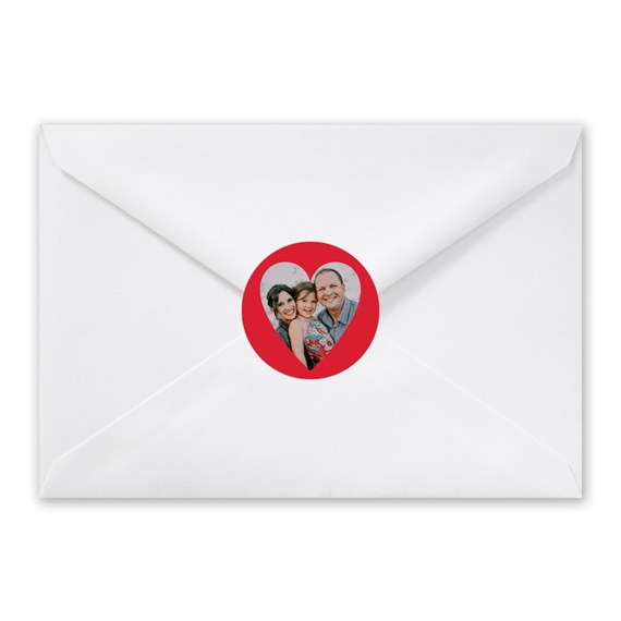 white envelope with red heart seal and photo placeholder