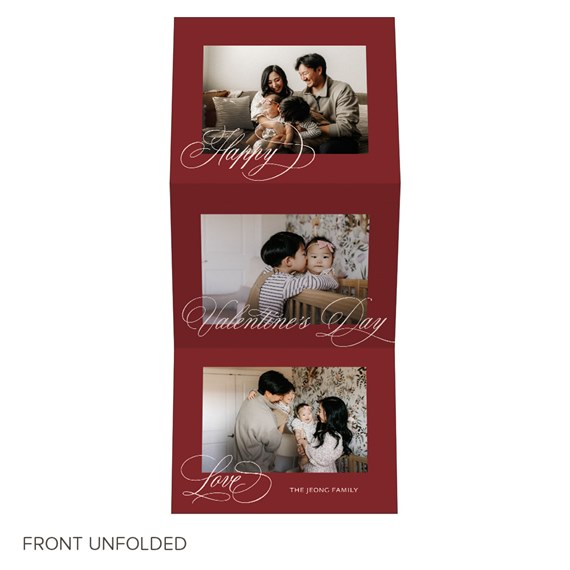 tri-fold valentine's day card with photo placeholders and calligraphy text