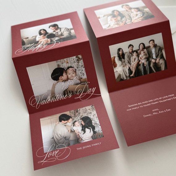 maroon card with calligraphy and photo placeholders