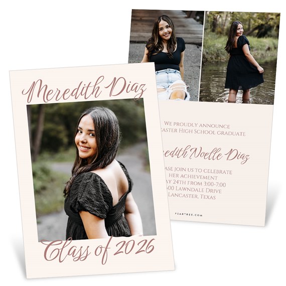 graduation announcement with photo placeholder and script text