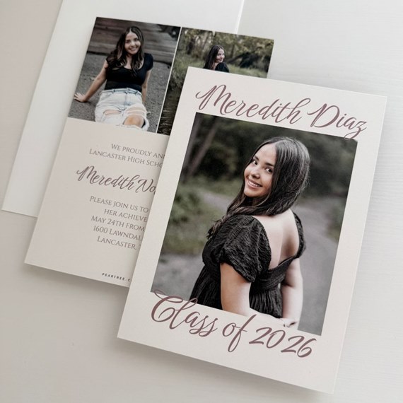 graduation announcement with photo placeholder and script text