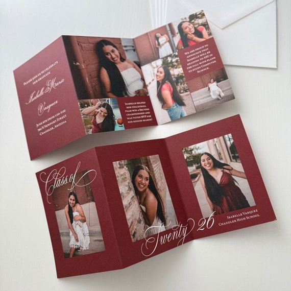 graduation announcement with photo placeholders and calligraphy text