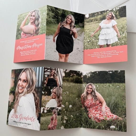 graduation invitation with photo placeholders and coral accents