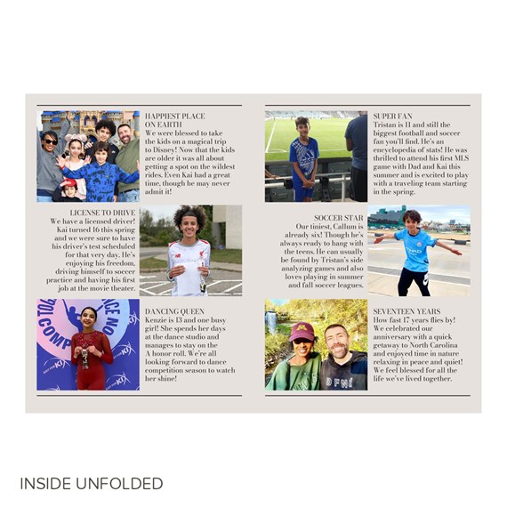 photo placeholders with captions and decorative lines
