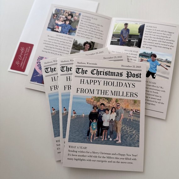 holiday card with newspaper design and photo placeholder