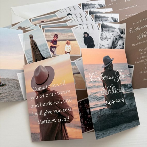 memorial cards with sunset backgrounds and elegant text